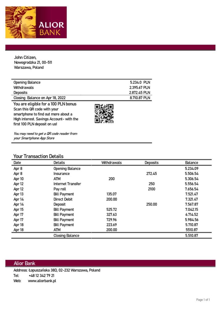 Poland Alior bank statement template in Word and PDF format