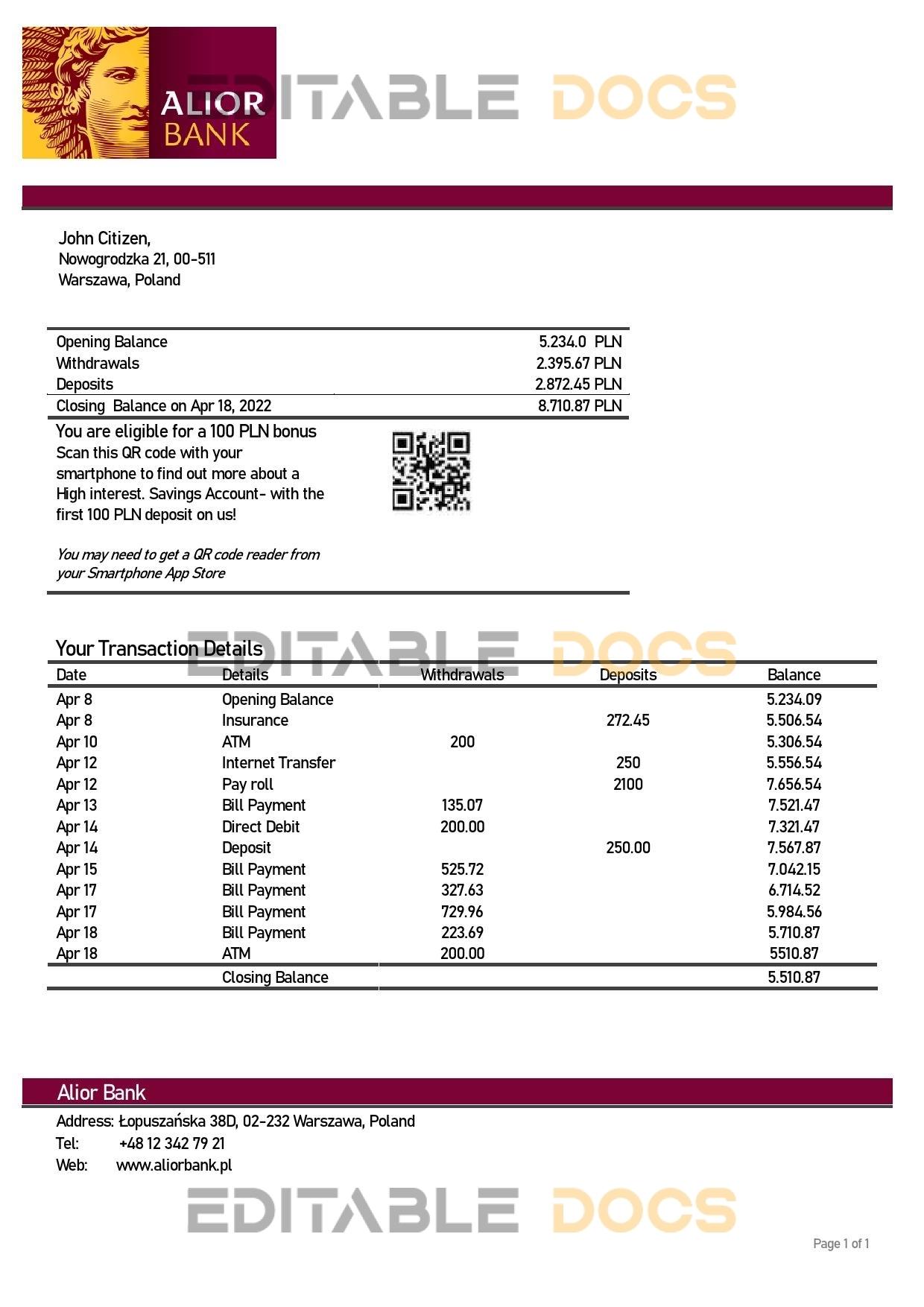 Poland Alior bank statement template in Word and PDF format