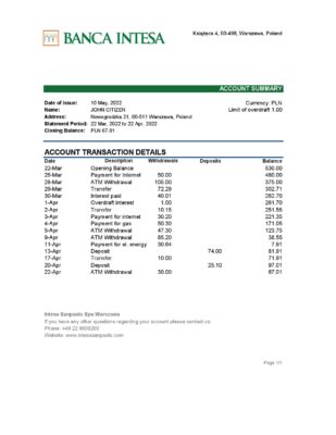 Poland Banca Intesa bank statement Excel and PDF template