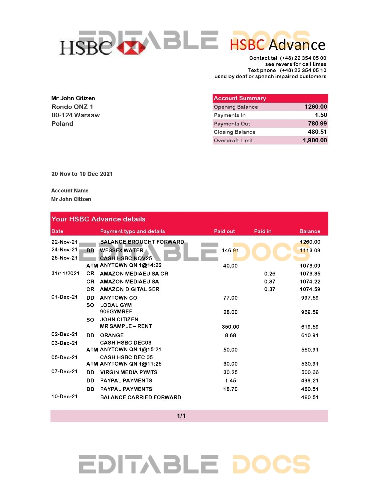 Poland HSBC bank statement easy to fill template in .xls and .pdf file format