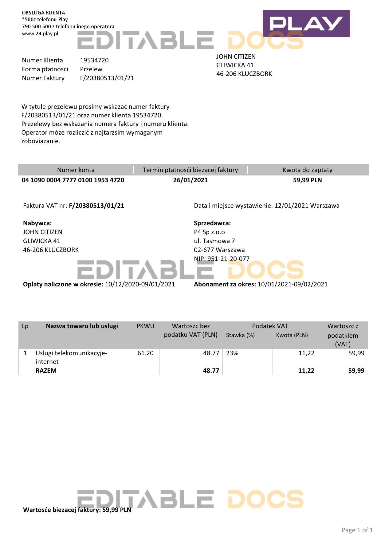 Poland Play utility bill template in Word and PDF format