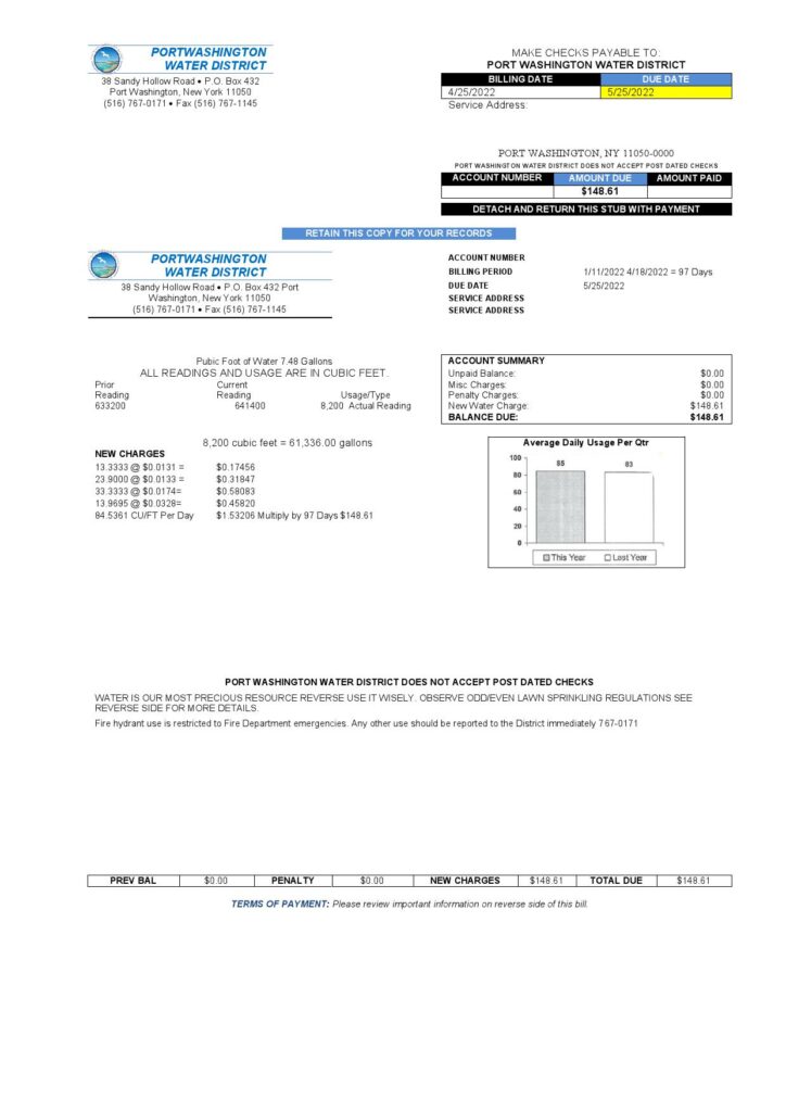 USA New York Port Washington Water District utility bill template in Word and PDF format