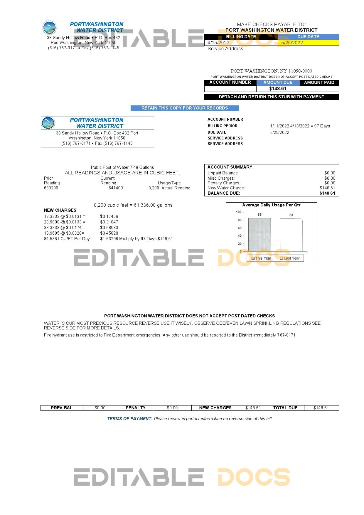 USA New York Port Washington Water District utility bill template in Word and PDF format