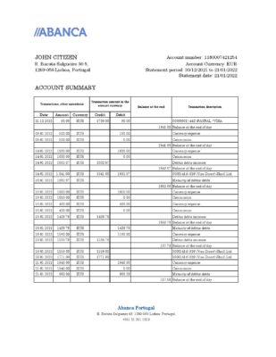 Portugal Abanca bank statement Excel and PDF template
