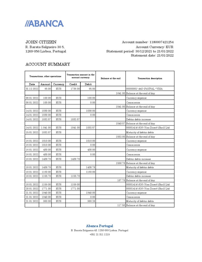Portugal Abanca bank statement Excel and PDF template