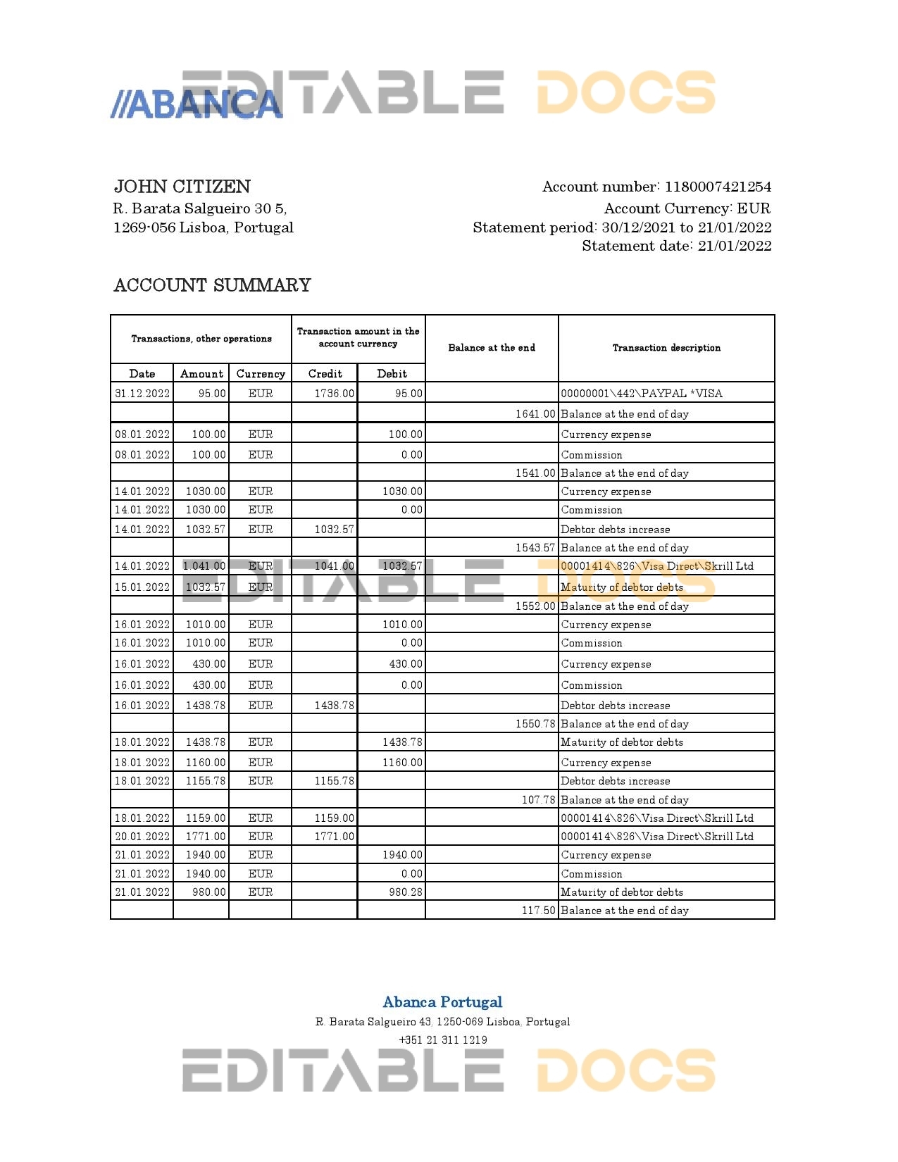 Portugal Abanca bank statement Excel and PDF template
