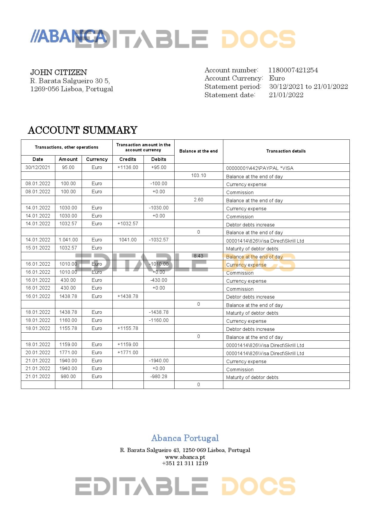 Portugal Abanca bank statement in Word and PDF format