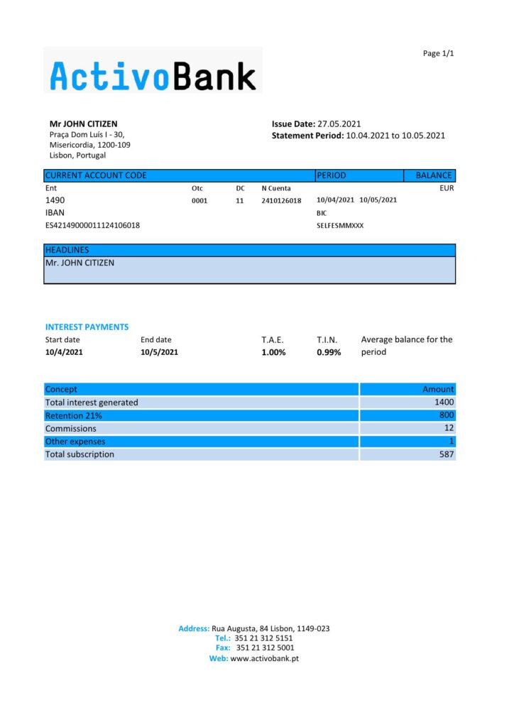 Portugal Activobank S.A. bank statement template in Excel and PDF format, .xls and .pdf format
