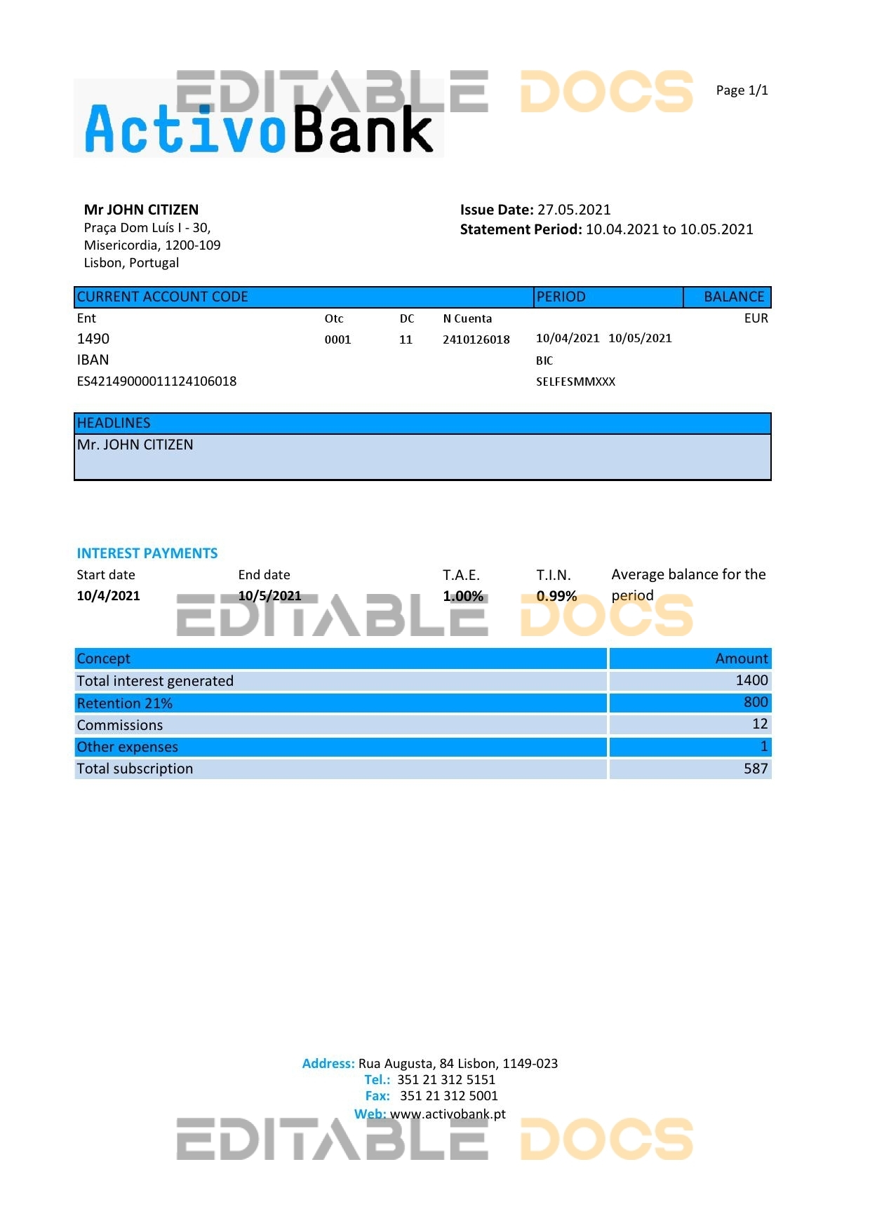Portugal Activobank S.A. bank statement template in Excel and PDF format, .xls and .pdf format