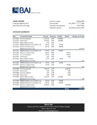 Portugal Banco BAI Europa bank statement Excel and PDF template