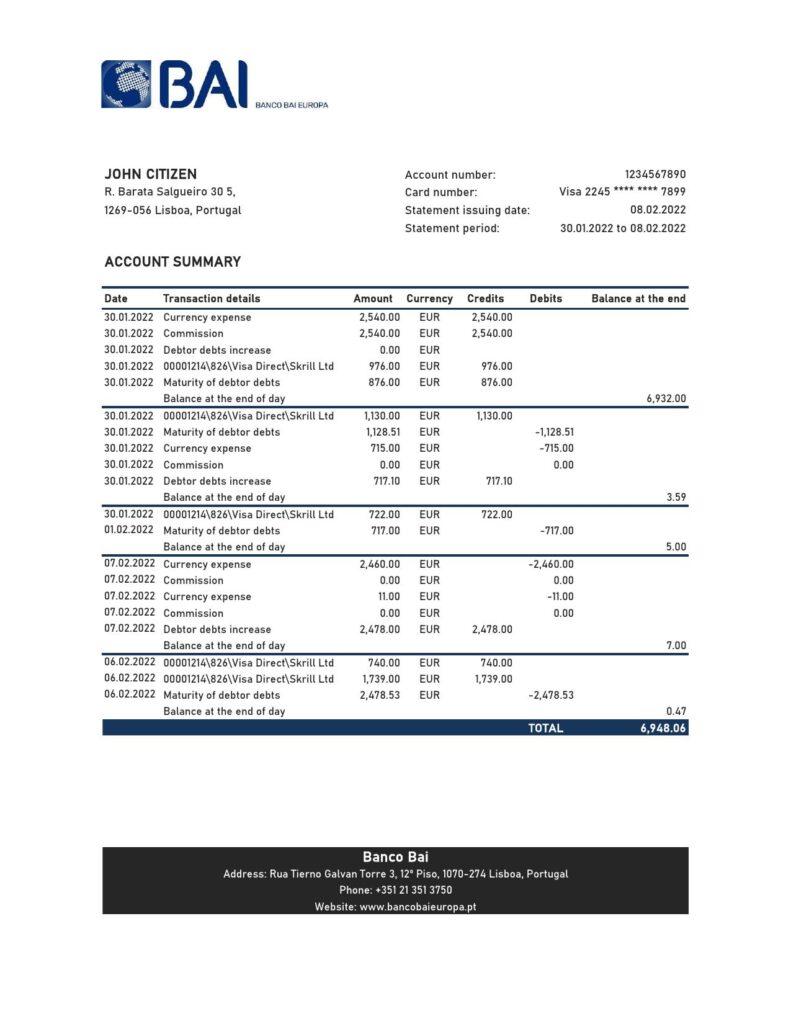 Portugal Banco BAI Europa bank statement Excel and PDF template