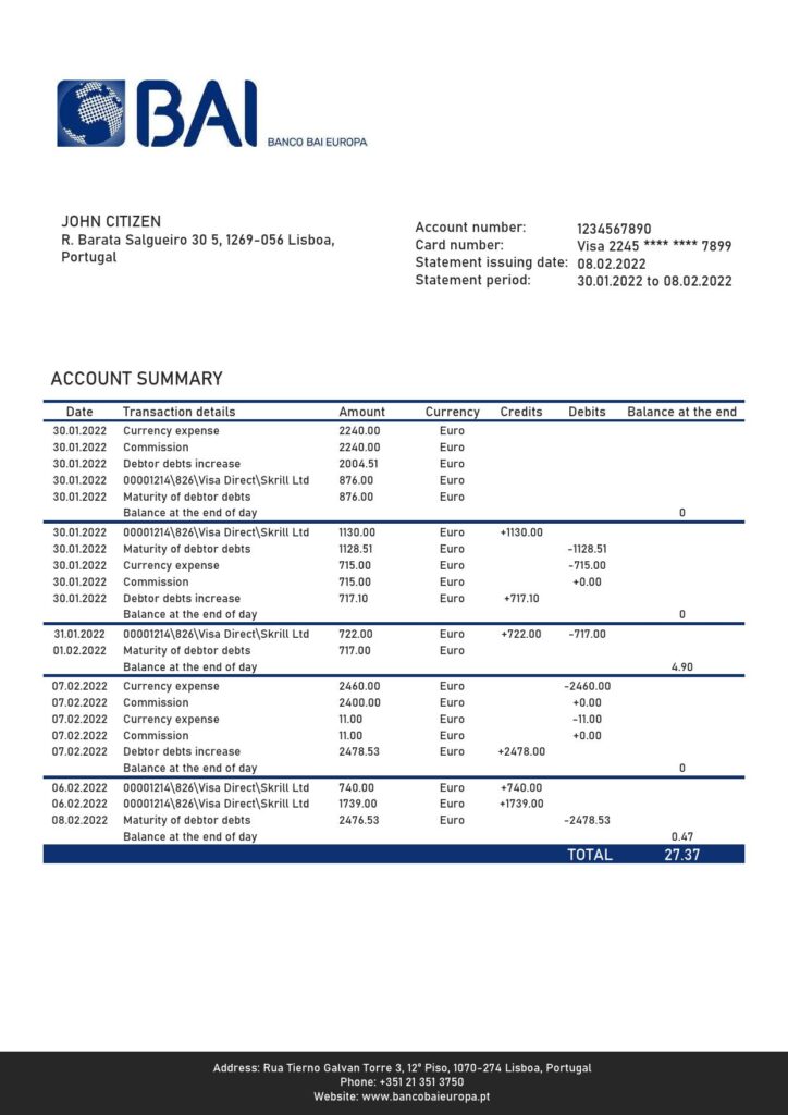 Portugal Banco BAI Europa bank statement in Word and PDF format