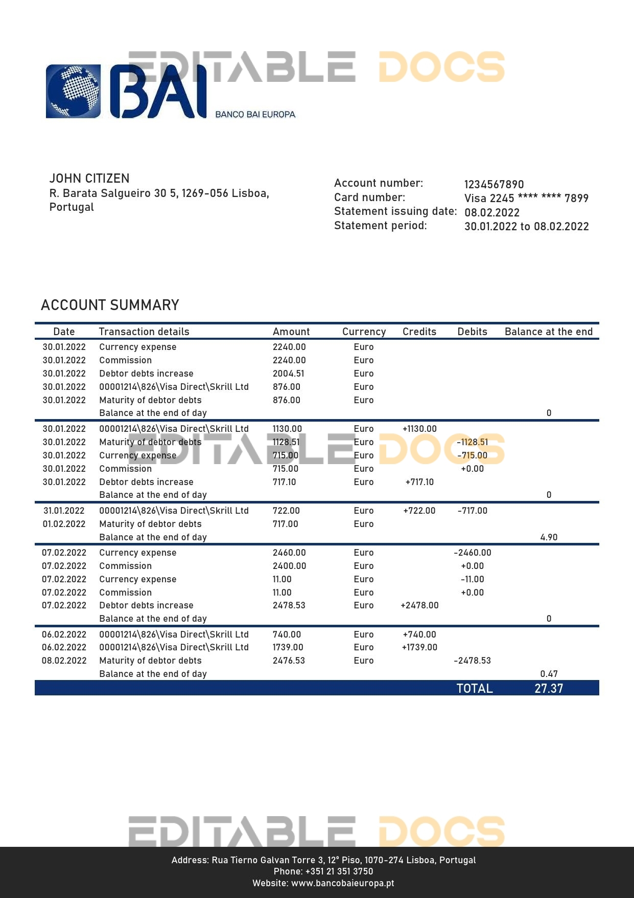 Portugal Banco BAI Europa bank statement in Word and PDF format