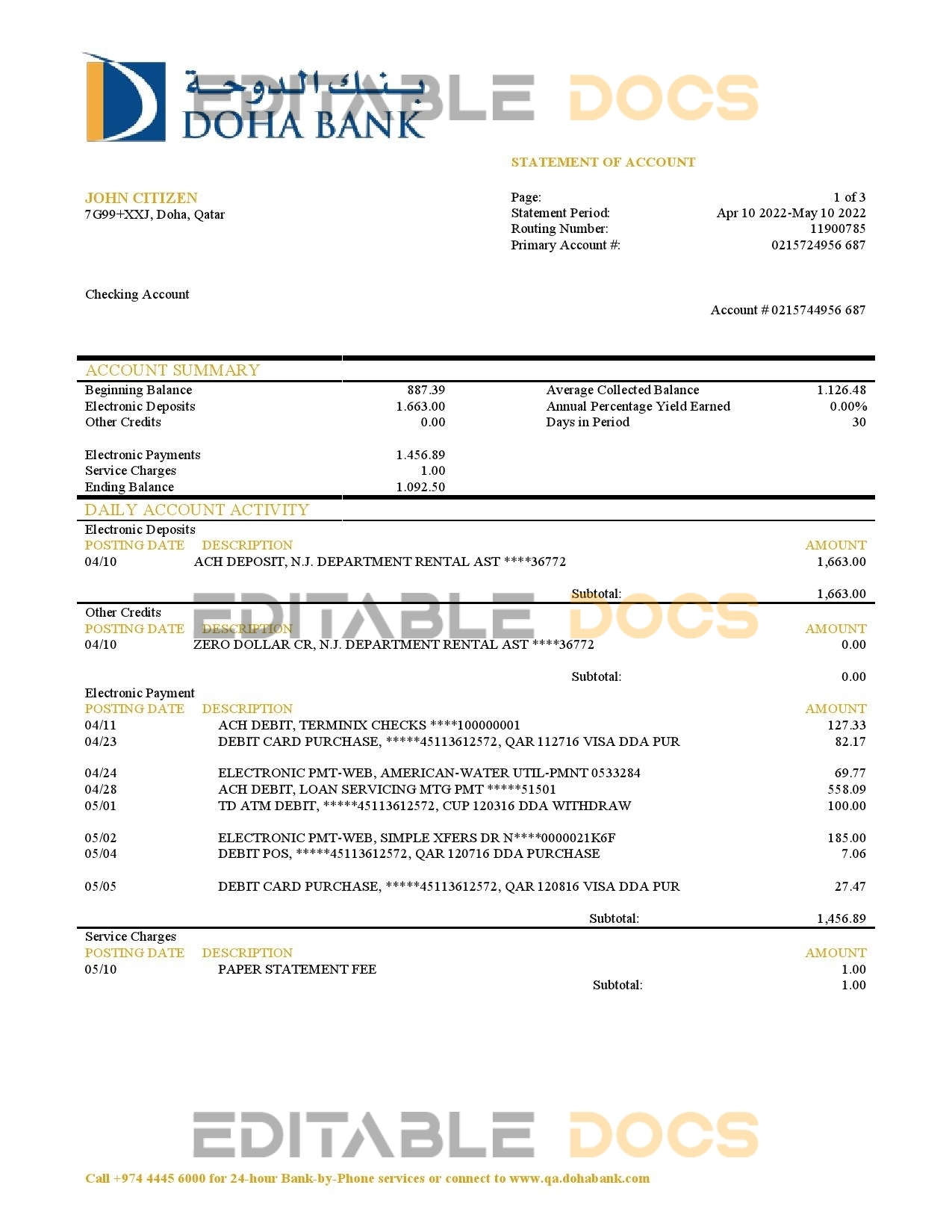 Qatar Doha Bank statement template in Word and PDF format