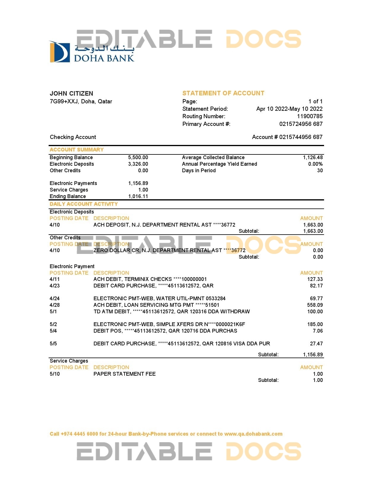 Qatar Doha bank statement, Excel and PDF template