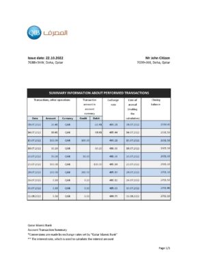 Qatar Islamic bank statement, Excel and PDF template