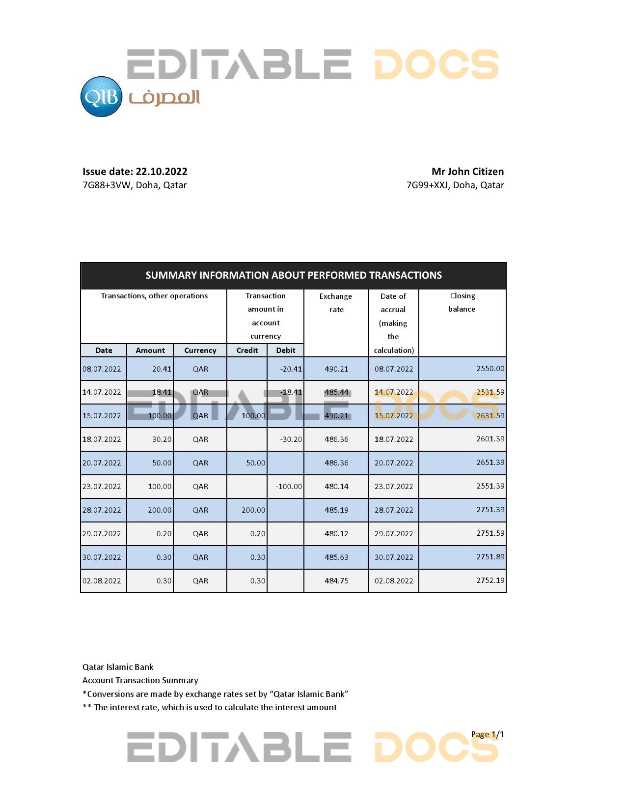 Qatar Islamic bank statement, Excel and PDF template