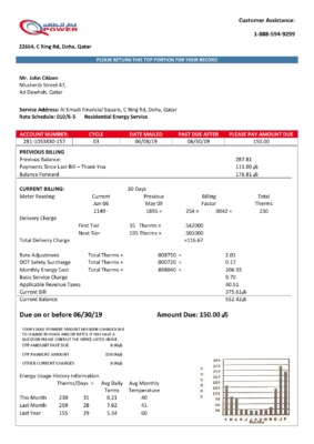 Qatar Power Company electricity utility bill template in Word and PDF format