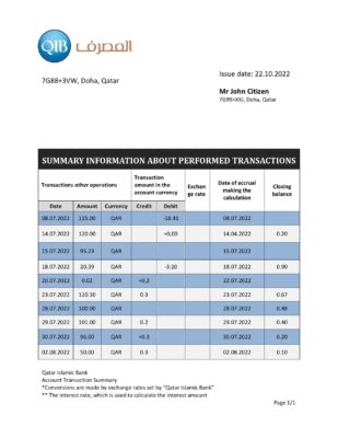 Qatar Qatar Islamic Bank statement template in Word and PDF format