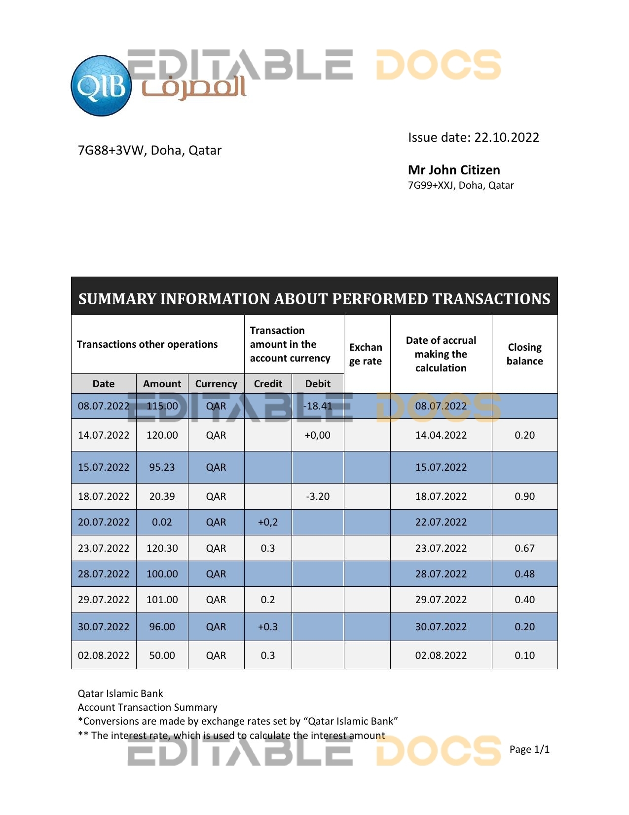 Qatar Qatar Islamic Bank statement template in Word and PDF format
