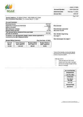 USA RG&E utility bill template in Word and PDF format (5 pages)