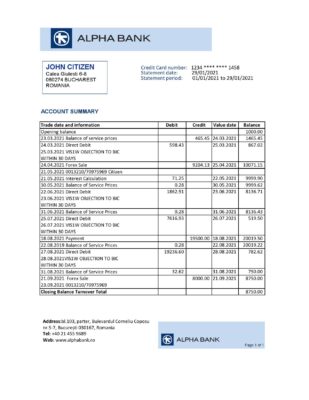 Romania Alpha Bank statement easy to fill template in Excel and PDF format