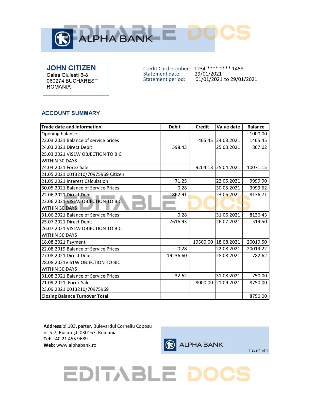 Romania Alpha Bank statement easy to fill template in Excel and PDF format