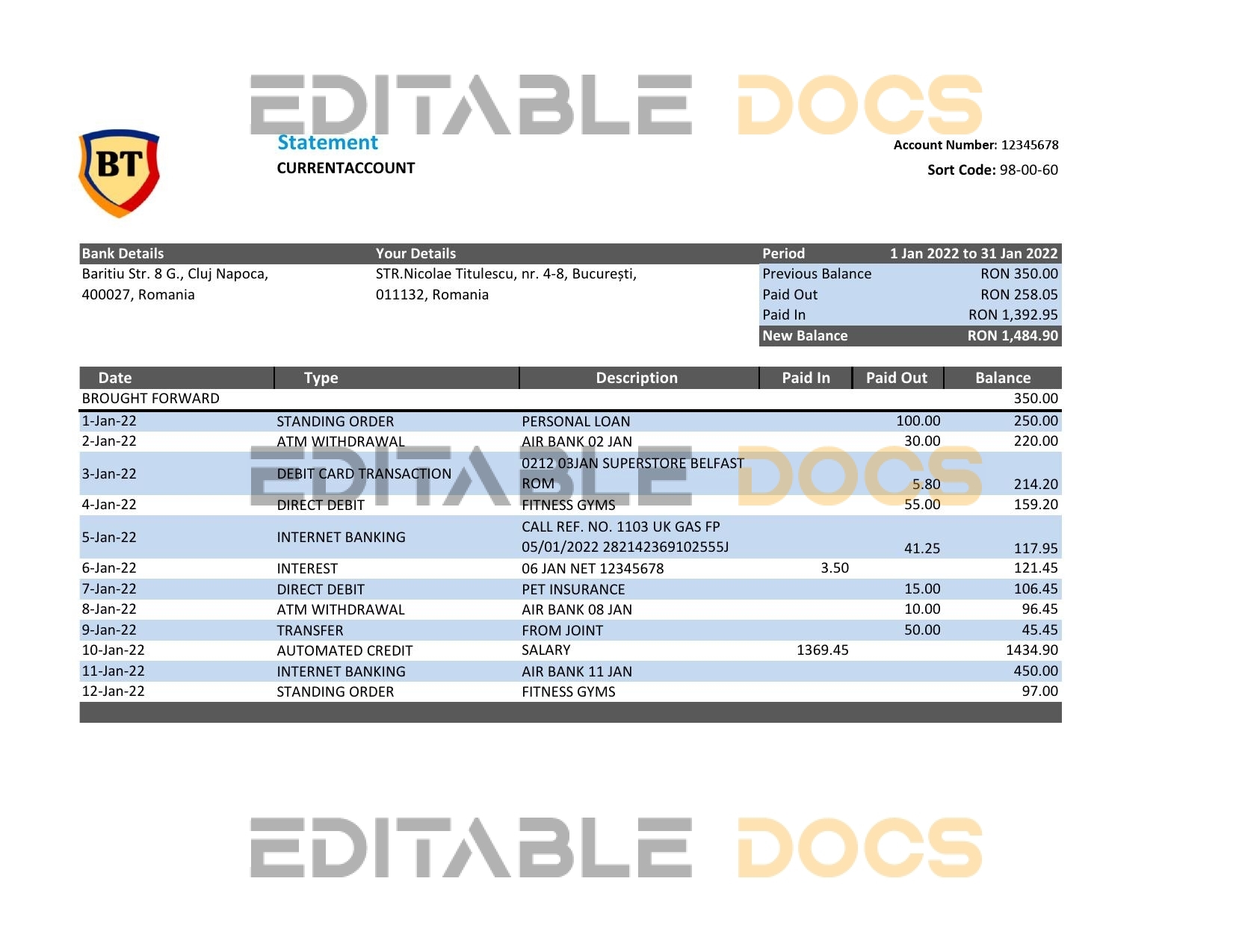 Romania Banca Transilvania bank statement, Excel and PDF template