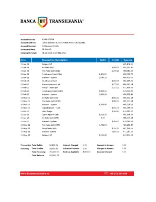 Romania Banca Transilvania bank statement easy to fill template in .xls and .pdf file format