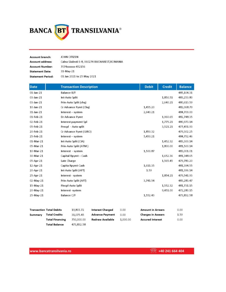 Romania Banca Transilvania bank statement easy to fill template in .xls and .pdf file format