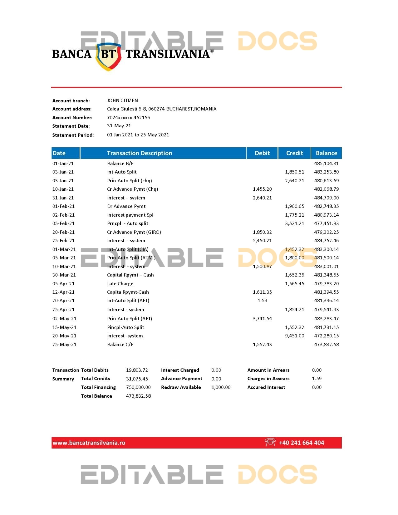 Romania Banca Transilvania bank statement easy to fill template in .xls and .pdf file format