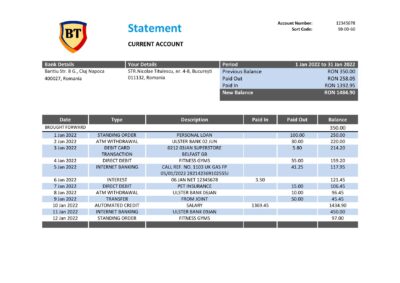 Romania Banca Transilvania bank statement template in Word and PDF format, version 2