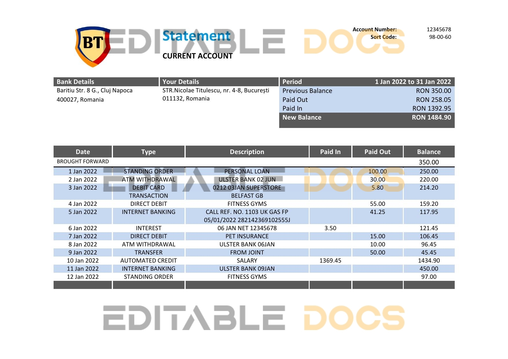 Romania Banca Transilvania bank statement template in Word and PDF format, version 2