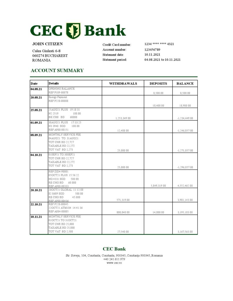 Romania CEC Bank statement easy to fill template in Excel and PDF format