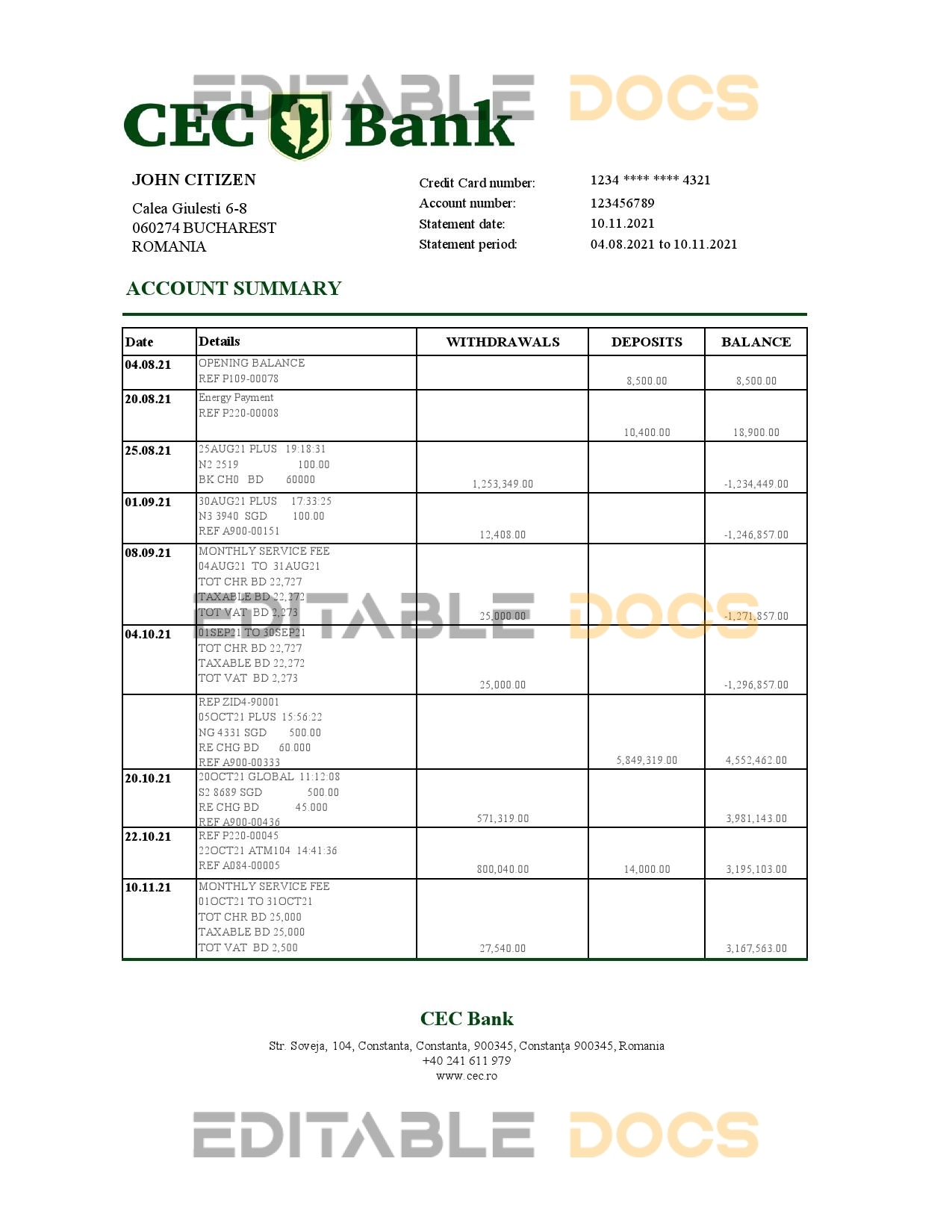Romania CEC Bank statement easy to fill template in Excel and PDF format