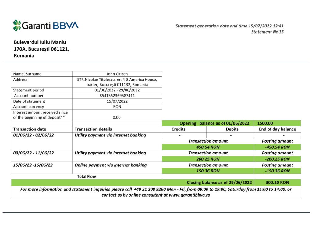 Romania Garanti BBVA bank proof of address statement template in Word and PDF format