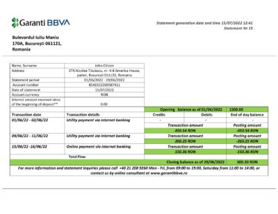 Romania Garanti BBVA bank proof of address statement template in Word and PDF format