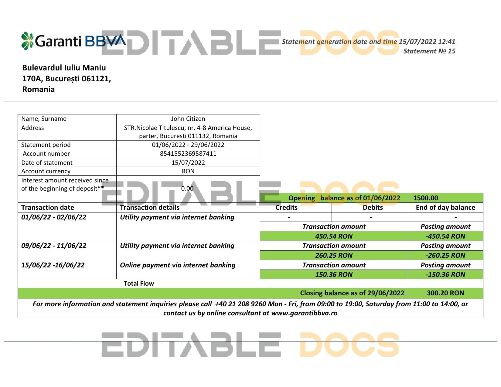 Romania Garanti BBVA bank proof of address statement template in Word and PDF format