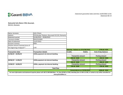 Romania Garanti BBVA bank statement, Excel and PDF template