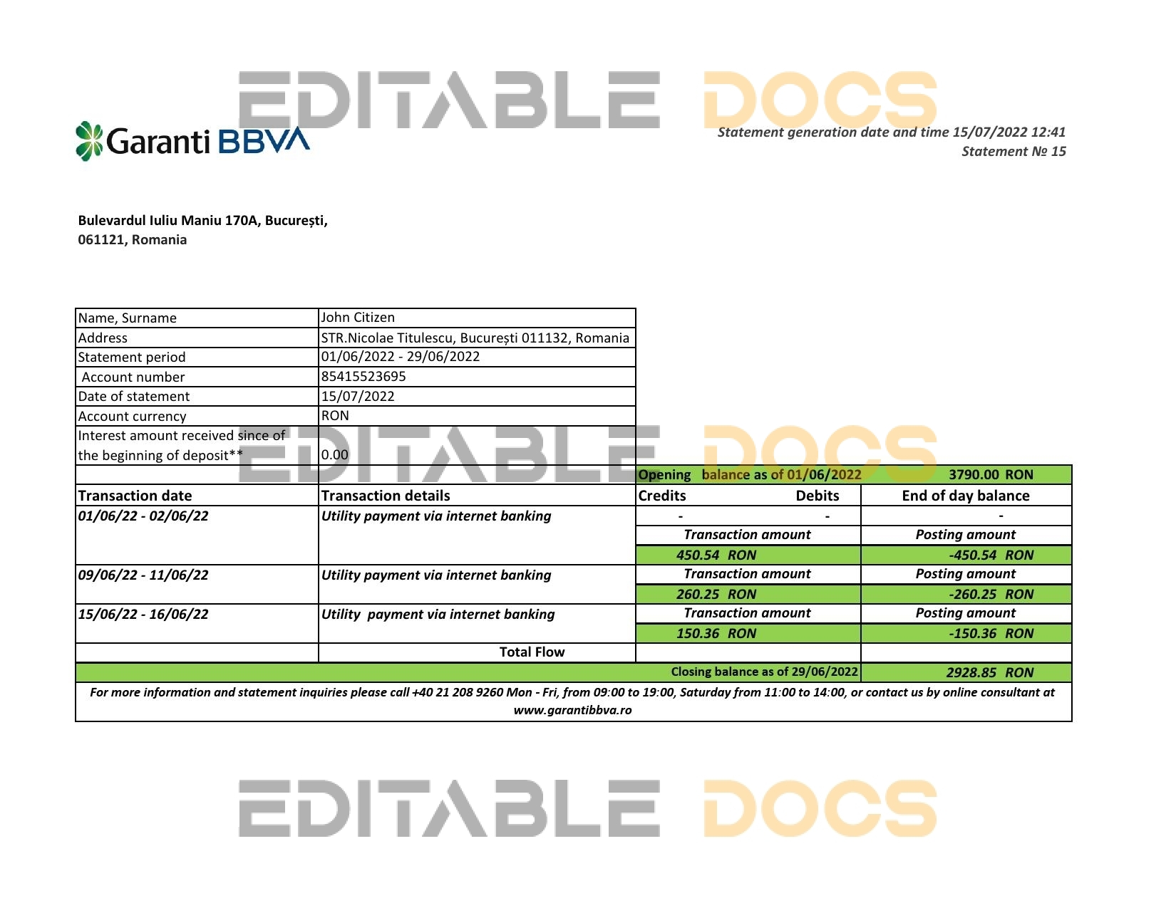 Romania Garanti BBVA bank statement, Excel and PDF template