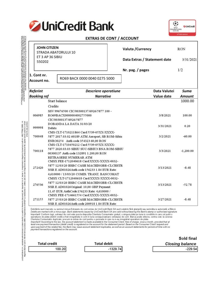 Romania UniCredit Bank statement template in Excel and PDF format (2 pages) in Romanian and English languages 1