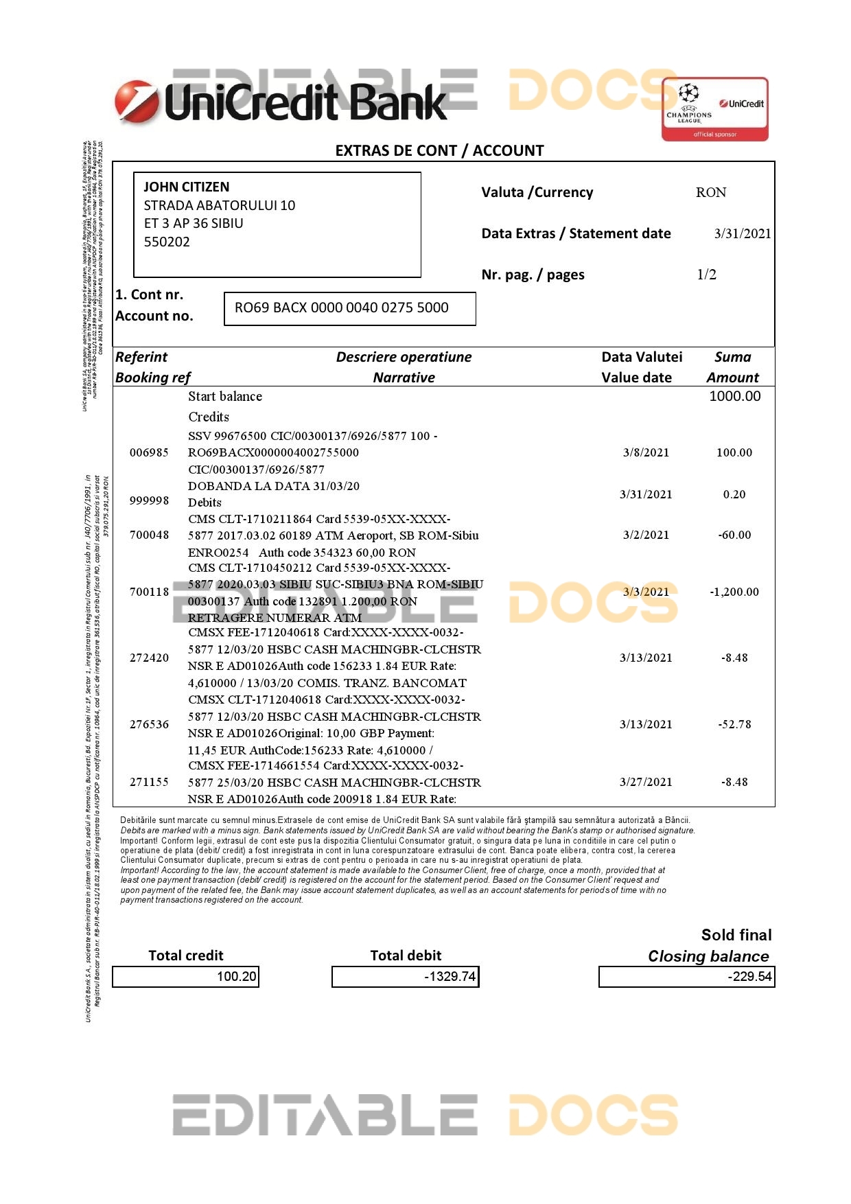 Romania UniCredit Bank statement template in Excel and PDF format (2 pages) in Romanian and English languages