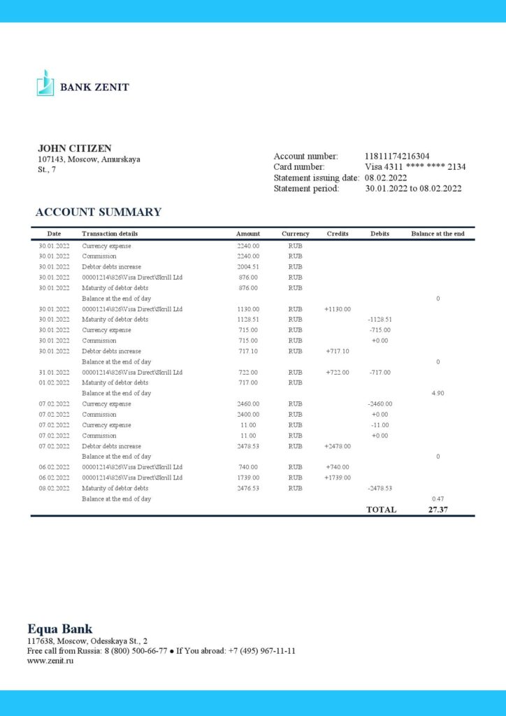 Russia Zenit Bank bank proof of address statement template in Word and PDF format