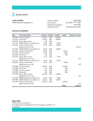 Russia Zenit bank statement, Excel and PDF template