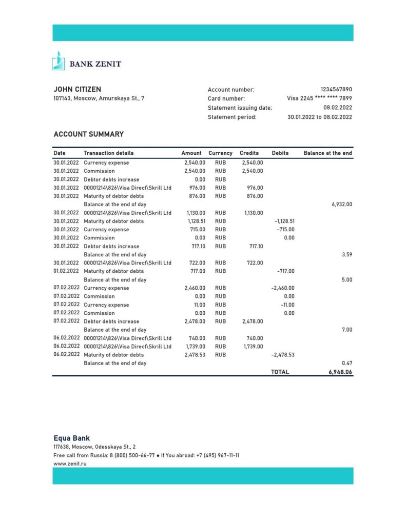 Russia Zenit bank statement, Excel and PDF template