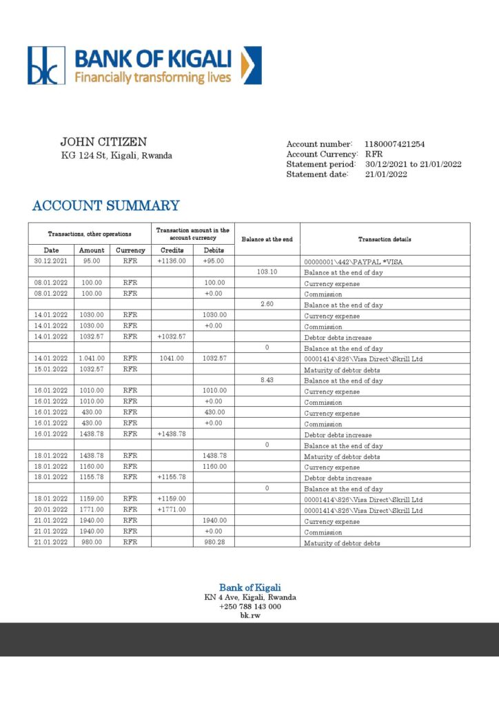 Rwanda Bank of Kigali bank proof of address statement template in Word and PDF format