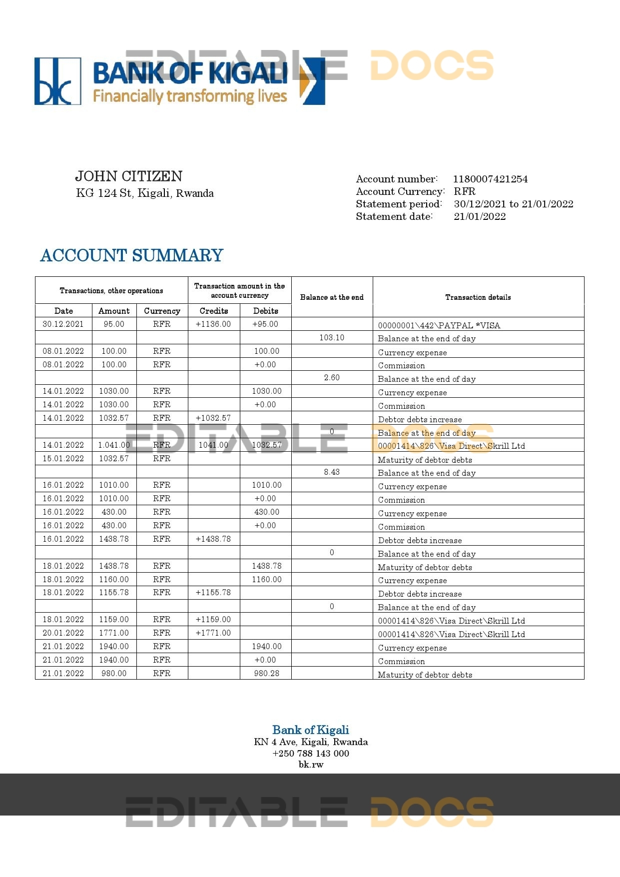 Rwanda Bank of Kigali bank proof of address statement template in Word and PDF format