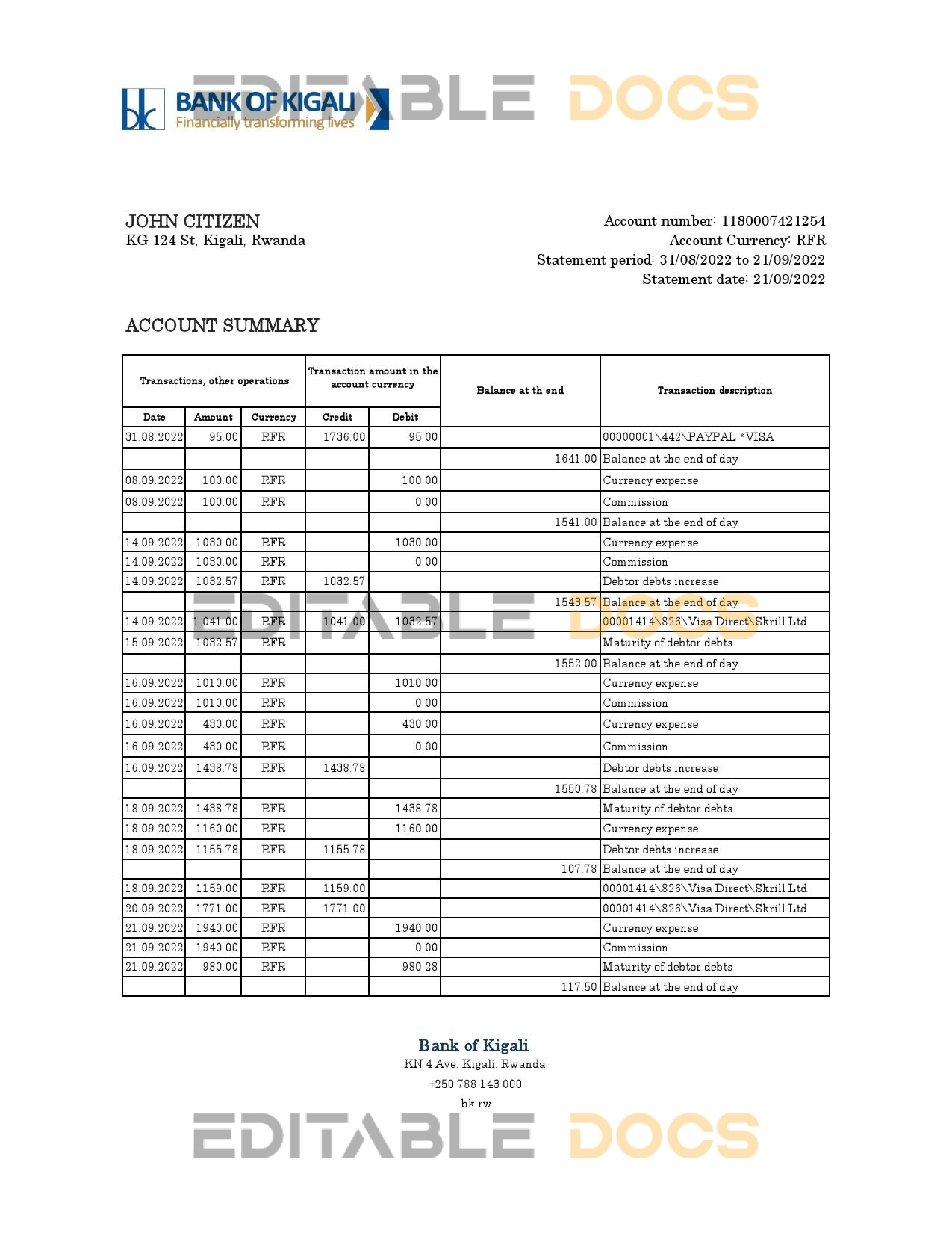 Rwanda Bank of Kigali bank statement, Excel and PDF template