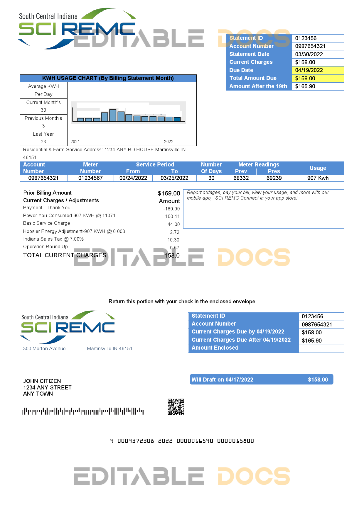 USA Indiana SCI REMC utility bill template in Word and PDF format