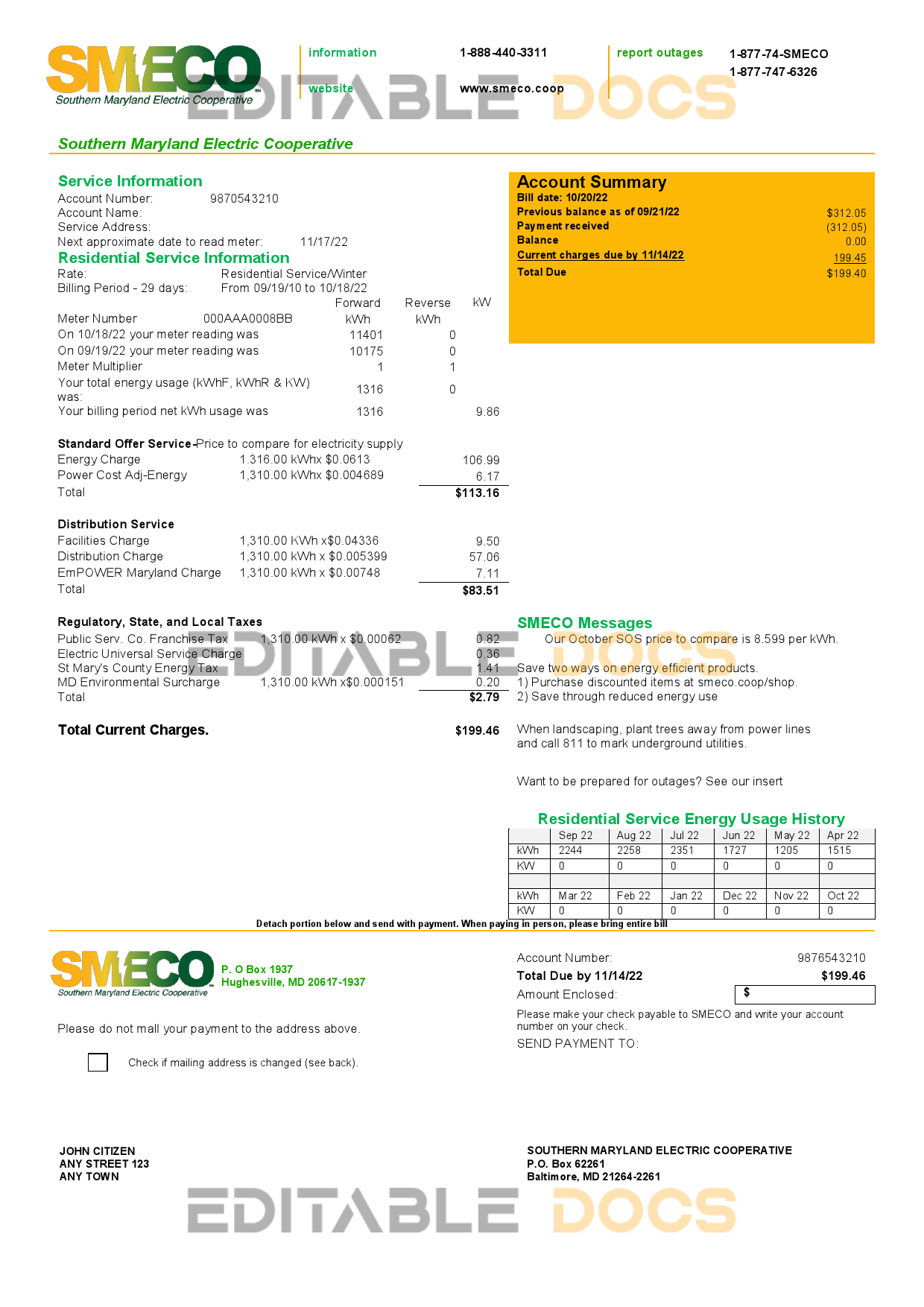 USA Maryland SMECO utility bill template in Word and PDF format